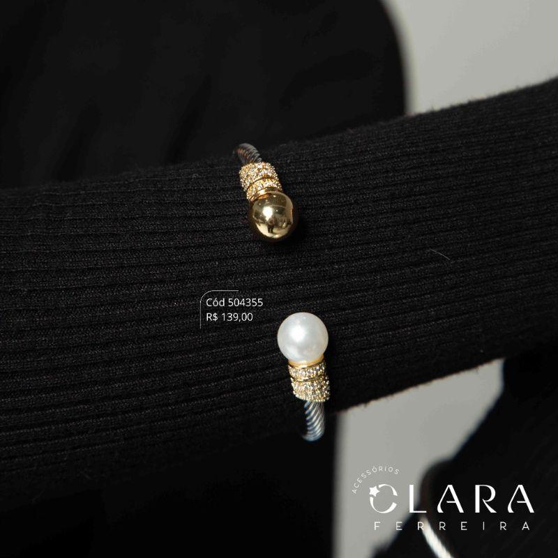 PULSEIRA BRACELETE RÍGIDO TORCIDO C/ 1 PONTA BOLA LISA E 1 PONTA PÉROLA - 11MM - Aço