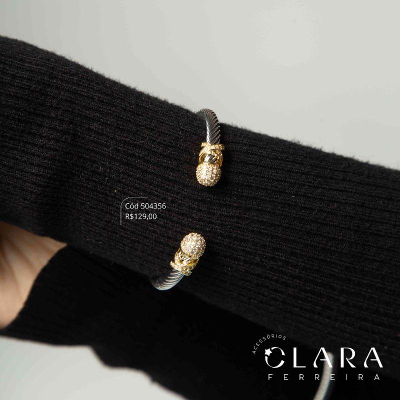 PULSEIRA BRACELETE RÍGIDO TORCIDO C/ PONTAS CHUVEIRINHO MICROZIRCÔNIAS - 9MM - Aço