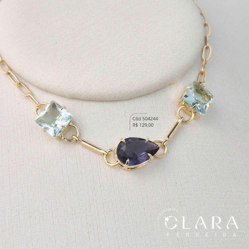 PULSEIRA ELOS C/ 2 ZIRCÔNIAS QUADRADAS 8MM E 1 ZIRCÔNIA GOTA 12MM ENTRE BARRINHAS - LINHA FESTA - PEÇA VENDIDA  - 17CM - Dourado