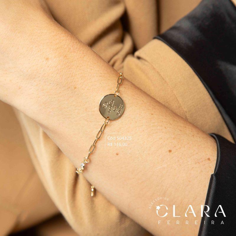 PULSEIRA ELOS CARTIER C/ 2 TIFFANYS REDONDAS FIXAS E MEDALHA REDONDA MANUSCRITA ESCOLHO SER FORTE - 15MM - 17CM - Dourado