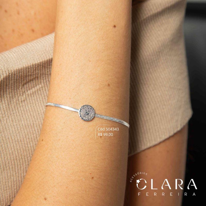 PULSEIRA FITA 2MM C/ MEDALHA REDONDA  MANUSCRITA PAI NOSSO 11MM FIXA - 17CM - Banho de Prata