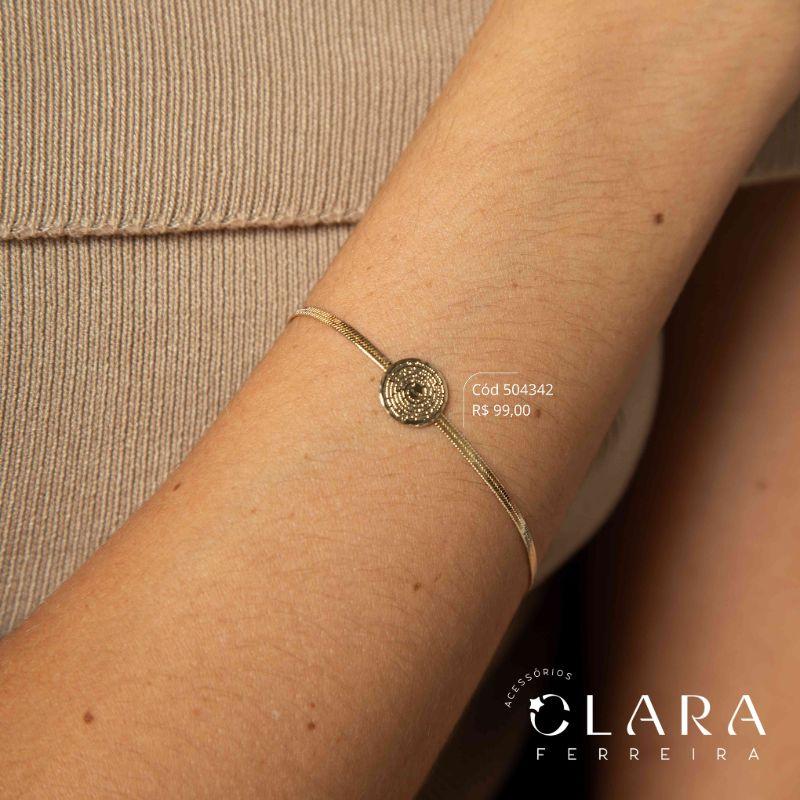 PULSEIRA FITA 2MM C/ MEDALHA REDONDA MANUSCRITA PAI NOSSO 11MM FIXA - 17CM - Dourado