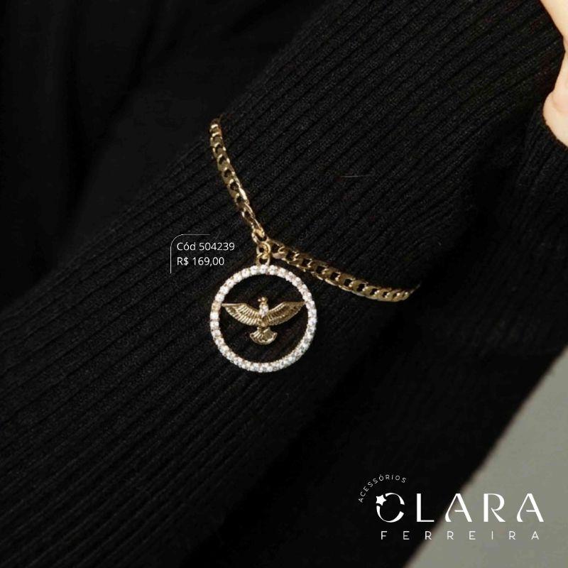 PULSEIRA GRUMET 1X1 C/ PINGENTE MANDALA  ESPIRITO SANTO LISO ADORNADO MICROZIRCÔNIAS - 25MM - 17CM - Dourado