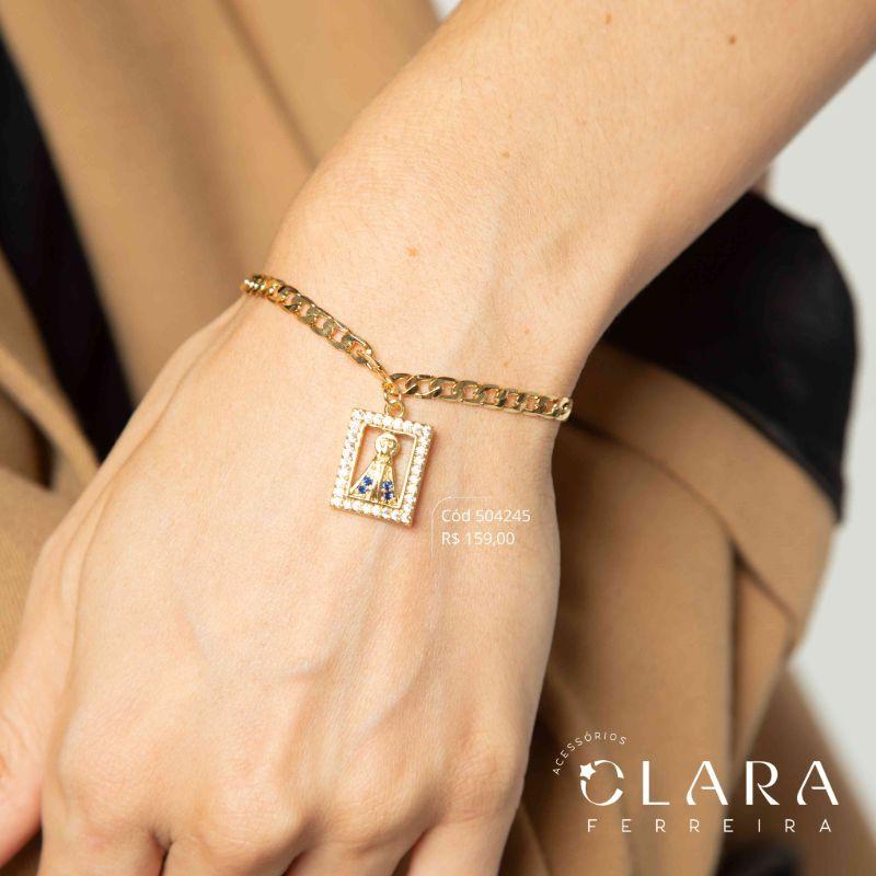PULSEIRA GRUMET 1X1 C/ PINGENTE NOSSA SENHORA MANTO MICROZIRCÔNIAS ADORNADA MICROZIRCÔNIAS - 16MM - 17CM - Dourado