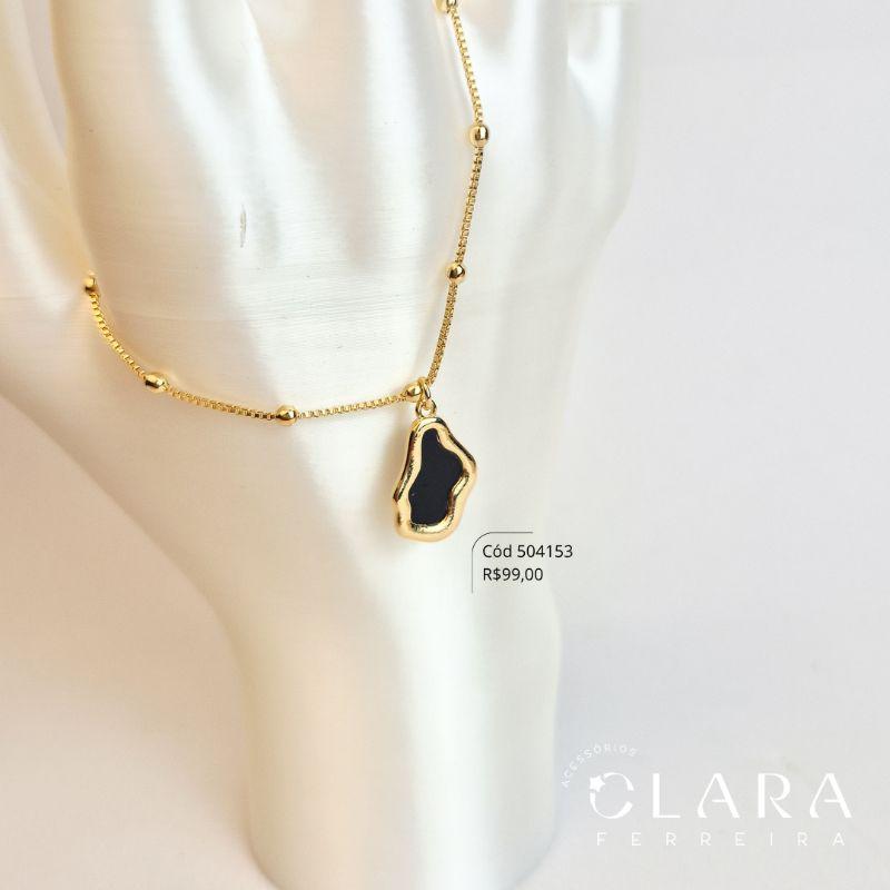 PULSEIRA VENEZIANA C/ BOLINHAS COM PINGENTE CRISTAL PRETO CAIXA FUNDIDA PENDUTADO - 15MM - 17CM - Dourado