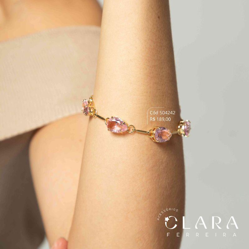 PULSEIRA ZIRCÔNIAS 6 GOTAS ENTRE BARRINHAS LISAS - LINHA FESTA - PEÇA VENDIDA - 17CM - Dourado