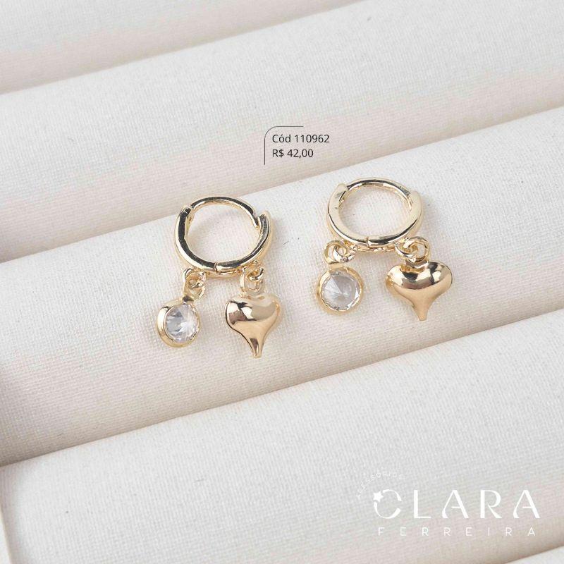 BRINCO INFANTIL ARGOLINHA CLICK LISA  C/ CORAÇÃO 6MM E TIFFANY 5MM PENDURADOS - CLARINHAS KIDS - 9X2MM - Dourado