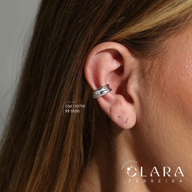 BRINCO PIERCING FAKE 2 FIOS DIFERENTES: 1 FIO LISO E 1 FIO 3 FILEIRAS MICROZIRCÔNIAS - 7MM - Banho de Prata