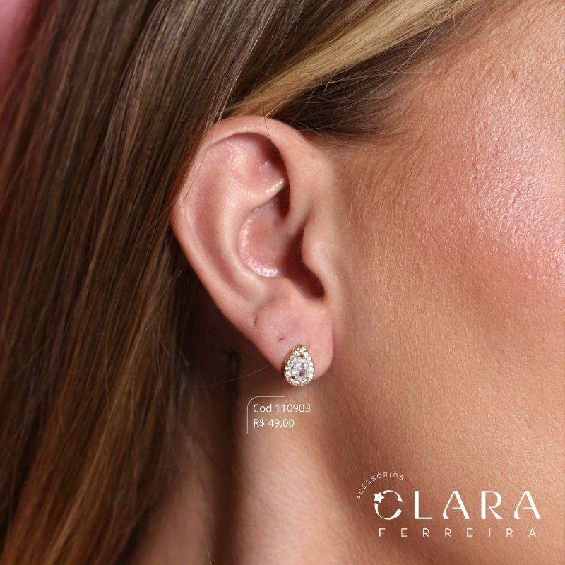 BRINCO ZIRCÔNIA GOTA 7MM ADORNADA MICROZIRCÔNIAS - CAIXA INGLESA DUPLA FUNDIDA - 12MM - Dourado