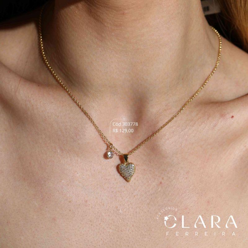 COLAR ELO PORTUGUES C/ CORAÇÃO MICROZIRCÔNIAS E TIFFANY PENDURADA - 14MM - 45CM - Dourado