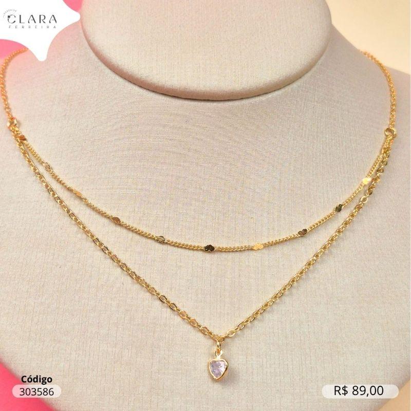 COLAR ELOS C/ MEIO DUPLO 1 FIO GRUMET 1X1 COM CORAÇÕES MARTELADOS E 1 FIO ELOS COM TIFFANY CORAÇÃO 5MM PENDURADO - 45CM - Dourado