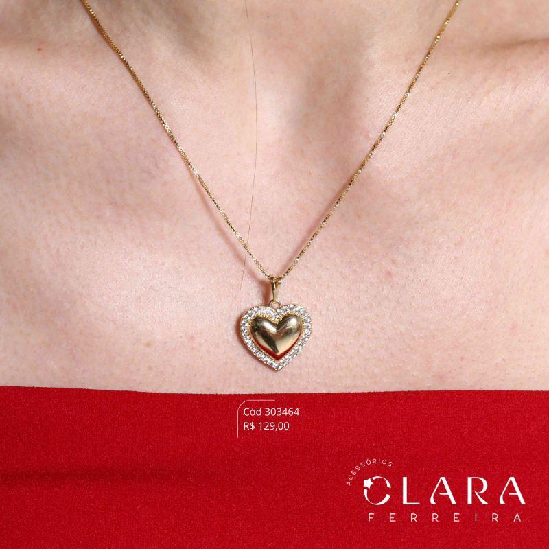 COLAR VENEZIANA C/ PINGENTE CORAÇÃO 16MM INTERIOR LISO ADORNADO DE MICROZIRCONIAS - 45CM - Dourado