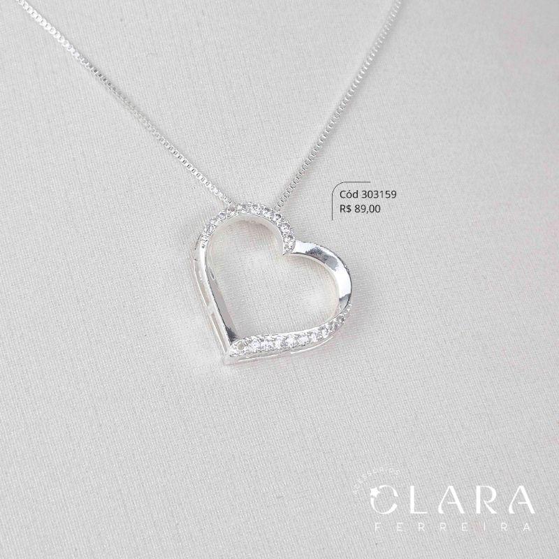 COLAR VENEZIANA C/ PINGENTE CORAÇÃO 20MM VAZADO COM DETALHE NAS PONTAS MICROZIRCONIAS  - 45CM - Banho de Prata