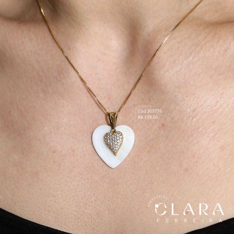 COLAR VENEZIANA C/ PINGENTE CORAÇÃO MICROZIRCÔNIAS E MADRE PEROLA EM FORMATO DE CORAÇÃO - 14MM - 45CM - Dourado