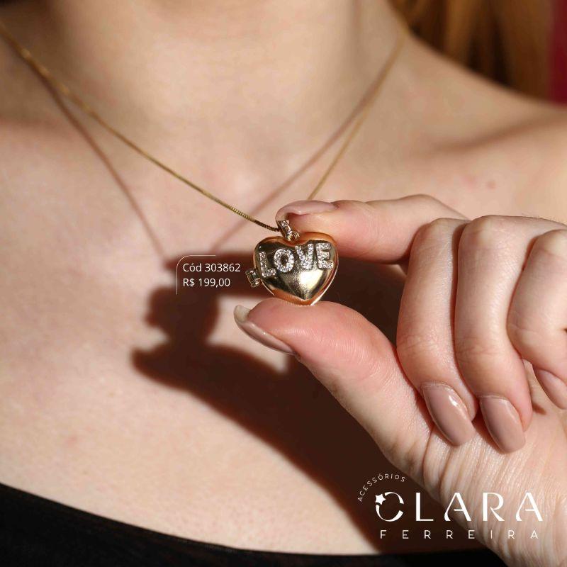 COLAR VENEZIANA C/ PINGENTE RELICÁRIO CORAÇÃO LOVE MICROZIRCÔNIAS - 20MM - 45CM - Dourado
