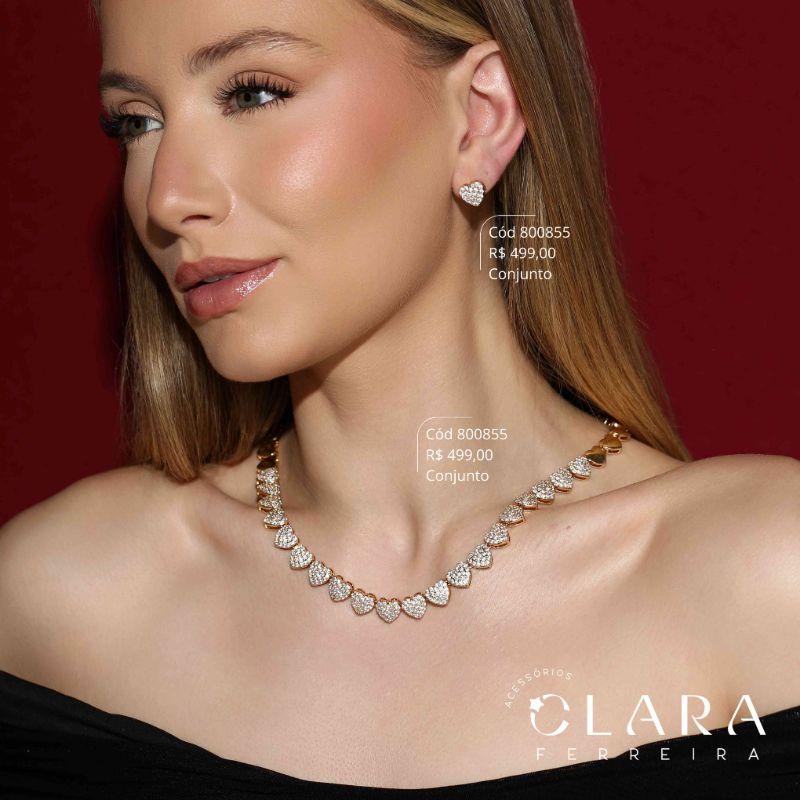 CONJUNTO COLAR CORAÇÃO CHUVEIRINHO  MICROZIRCÔNIAS CAIXA ALTA E BRINCO CHUVEIRINHO CORAÇÃO – INSPIRAÇÃO SWAROVSKI – LINHA FESTA - 10MM - 40CM - Dourado