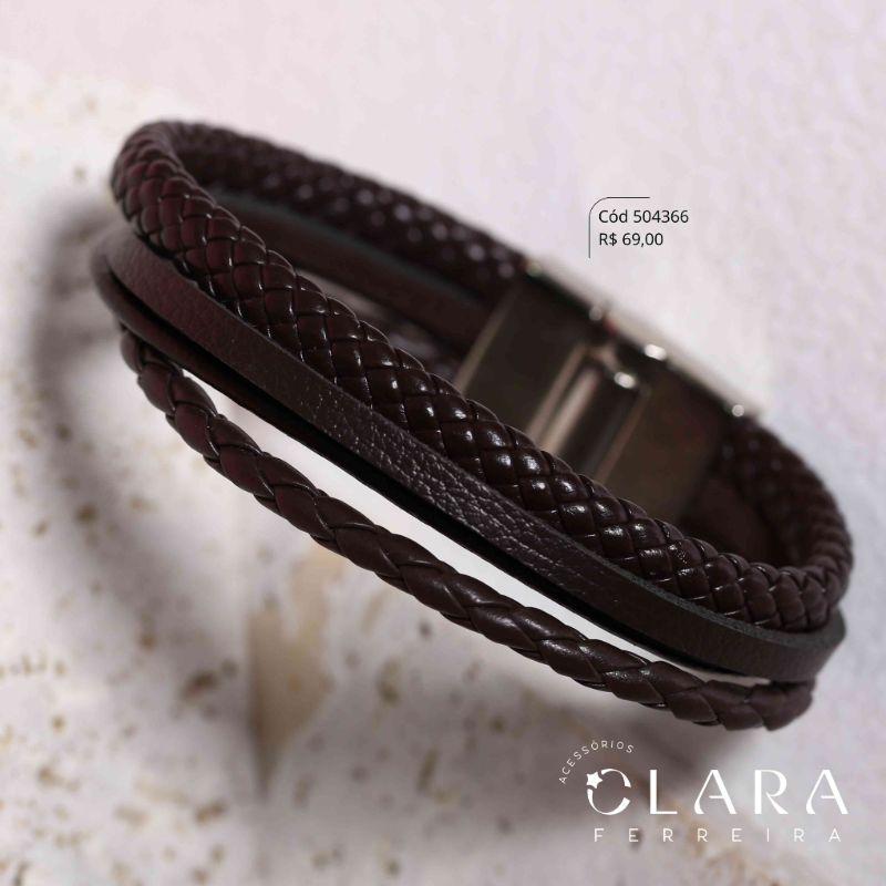 PULSEIRA BRACELETE COURO MARROM 4 FIOS: 2 FIOS TRANÇADOS E 2 FIOS LISOS C/ FECHO MAGNETICO AÇO INOX - 21CM