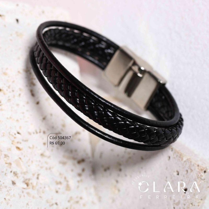 PULSEIRA BRACELETE COURO PRETO 3 FIOS: 1 FIO TRANÇADO 2 LISOS C/ FECHO MAGNETICO AÇO INOX - 21CM