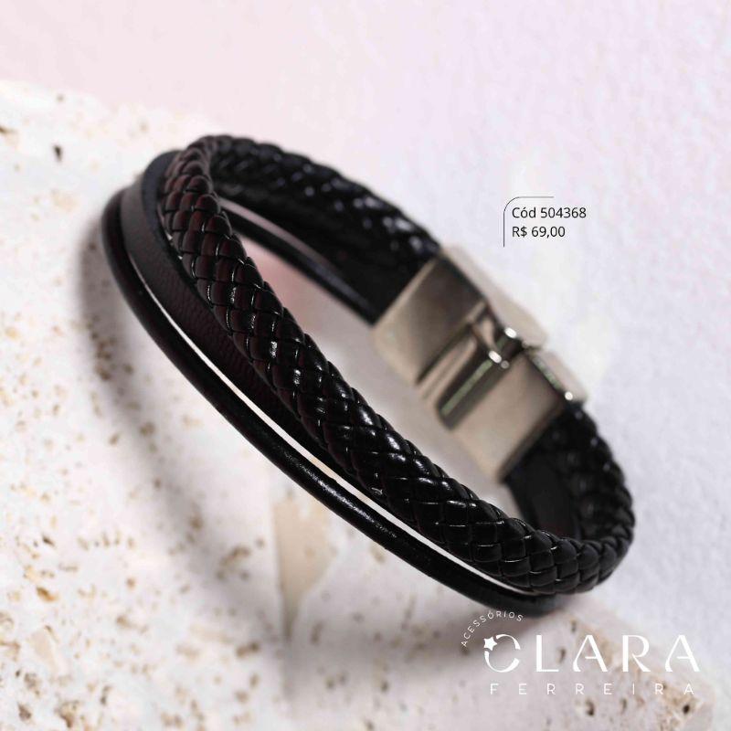 PULSEIRA BRACELETE COURO PRETO 3 FIOS: 1FIO TRANÇADO E 2 LISOS REDONDOS C/ FECHO MAGNETICO AÇO INOX - 21CM