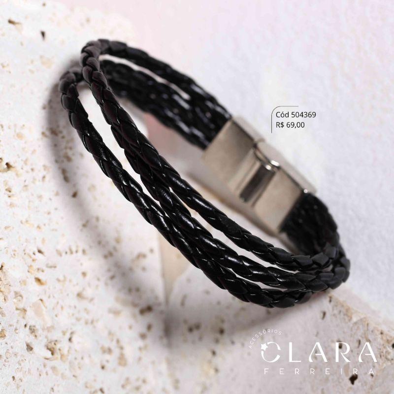 PULSEIRA BRACELETE COURO PRETO 3 FIOS TRANÇADOS REDONDOS C/ FECHO MAGNETICO AÇO INOX - 21CM