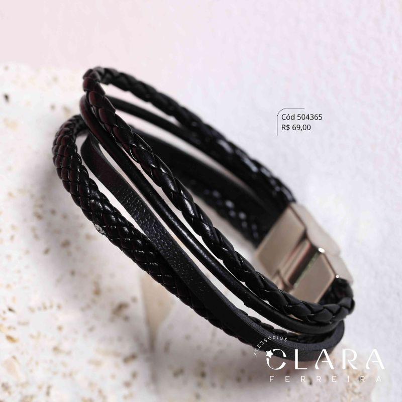 PULSEIRA BRACELETE COURO PRETO 4 FIOS: 2 FIOS TRANÇADOS E 2 FIOS LISOS C/ FECHO MAGNETICO AÇO INOX - 21CM