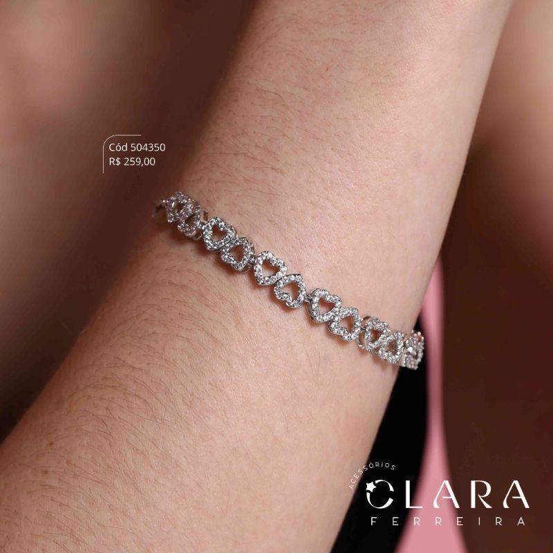 PULSEIRA CORAÇÕES VAZADOS ADORNADOS C/ MICROZIRCÔNIAS – INSPIRAÇÃO VIVARA - 7MM - 17CM - Ródio Branco