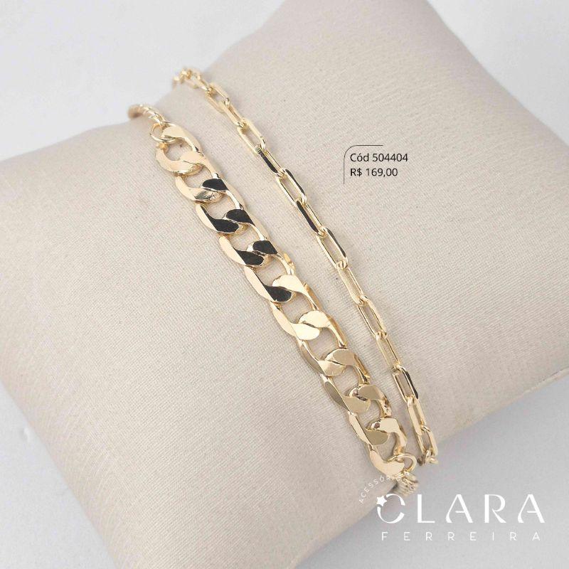 PULSEIRA DUPLA: 1 FIO ELOS CARTIER 3MM E 1 FIO ELOS GRUMET 1X1 3 E 5MM - 17CM - Dourado