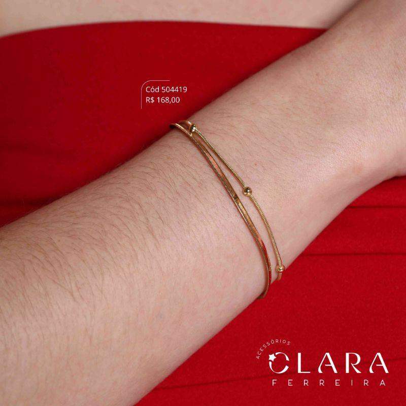 PULSEIRA DUPLA: 1 FIO FITA E 1 FIO MALHA RABO DE RATO C/ BOLINHAS - 17CM - Dourado