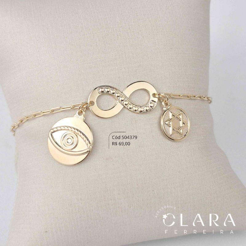 PULSEIRA ELOS CARTIER 2MM C/ PINGENTE INFINITO LISO FIXO E 2 MEDALHAS REDONDAS: 1 MEDALHA OLHO GREGO E 1 ESTRELA DE DAVI PENDURADAS - 10 E 15MM - 17CM - Dourado