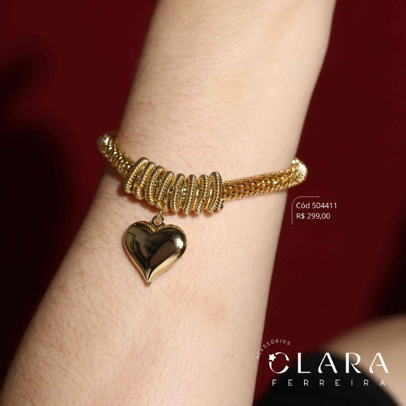 PULSEIRA MALHA PIPOCA TUBO C/ 8 CÍRCULOS MOLAS ESPIRAIS E 1 CORAÇÃO 19MM PENDURADO FIXOS - 6MM - 17CM - Dourado