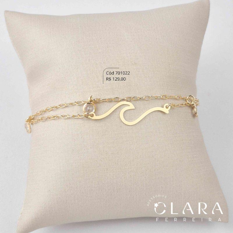 TORNOZELEIRA DUPLA: 2 FIOS ELOS: 1 FIO ELOS C/ ONDA FIXA E 1 FIO ELOS C/ 5 TIFFANYS 5MM PENDURADAS - 23CM - Dourado