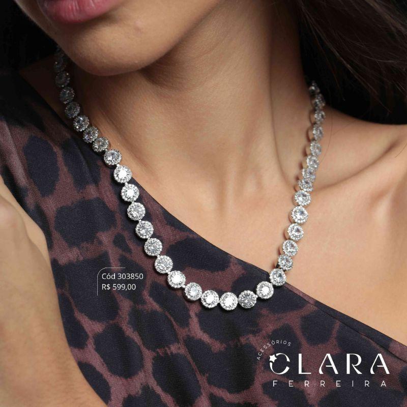 COLAR CHOKER ZIRCÔNIAS REDONDAS ADORNADAS C/ MICROZIRCÔNIAS INSPIRAÇÃO SWAROVSKI LINHA FESTA - 8MM - 40CM - Banho de Prata