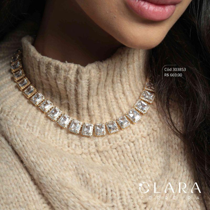COLAR CHOKER ZIRCÔNIAS RETANGULARES ADORNADAS C/ MICROZIRCÔNIAS INSPIRAÇÃO SWAROVSKI LINHA FESTA - 11MM - 40CM - Dourado