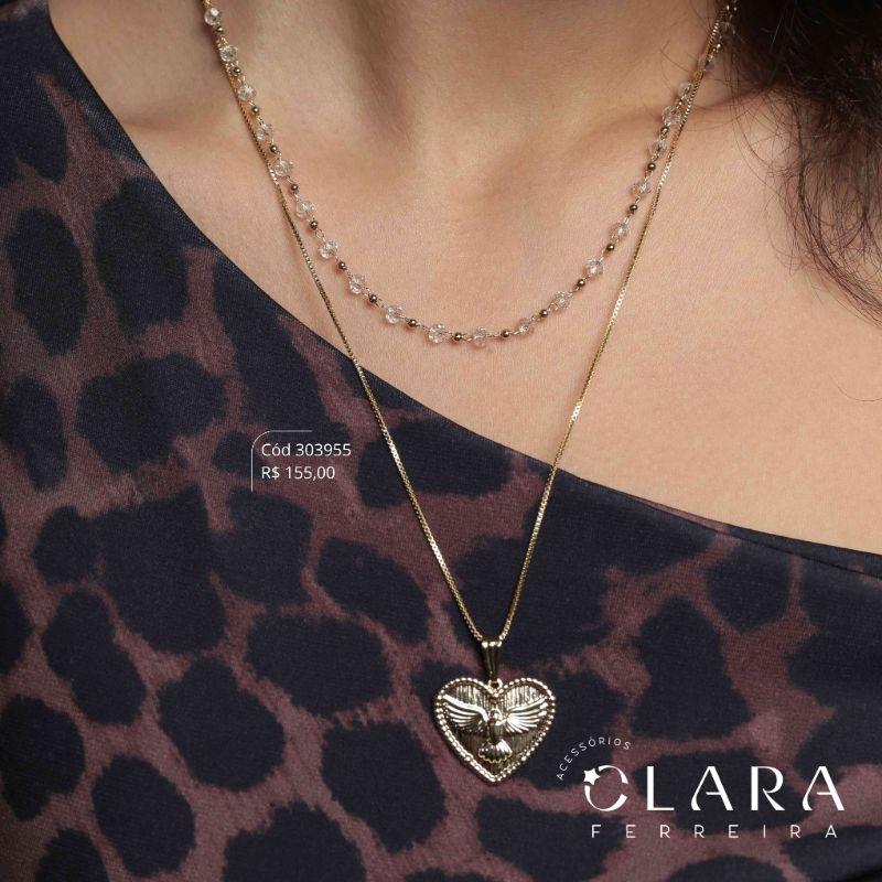 COLAR DUPLO: VENEZIANA C/ PINGENTE MEDALHA CORAÇÃO RAIADA C/ ESPÍRITO SANTO E COLAR ELOS C/ CRISTAIS FACETADOS 4MM INTERCALADOS C/ BOLINHAS LISAS 1MM - 35 E 45CM - Dourado