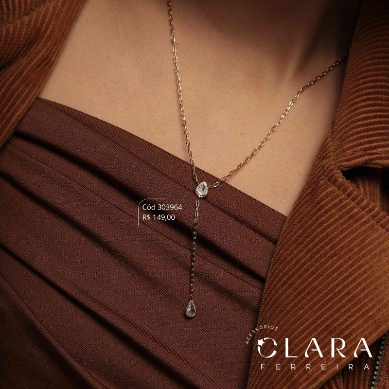 COLAR GRAVATINHA ELOS CARTIER C/ 2 TIFF ZIRCONIA GOTAS, 1 FIXA 9MM E 1 PENDURADA 7MM - PEÇA EXCLUSIVA - 45CM - Dourado