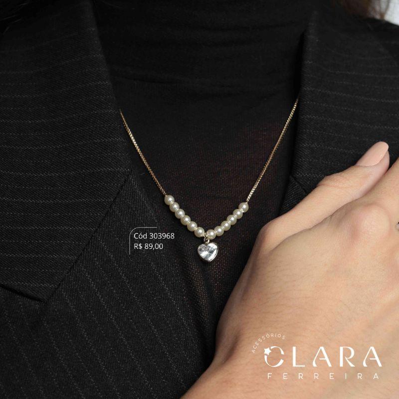 COLAR VENEZIANA C/ MEIO PÉROLAS E 1 TIFF ZIRCONIA CORAÇÃO 7MM PENDURADA - 19MM - 45CM - Dourado