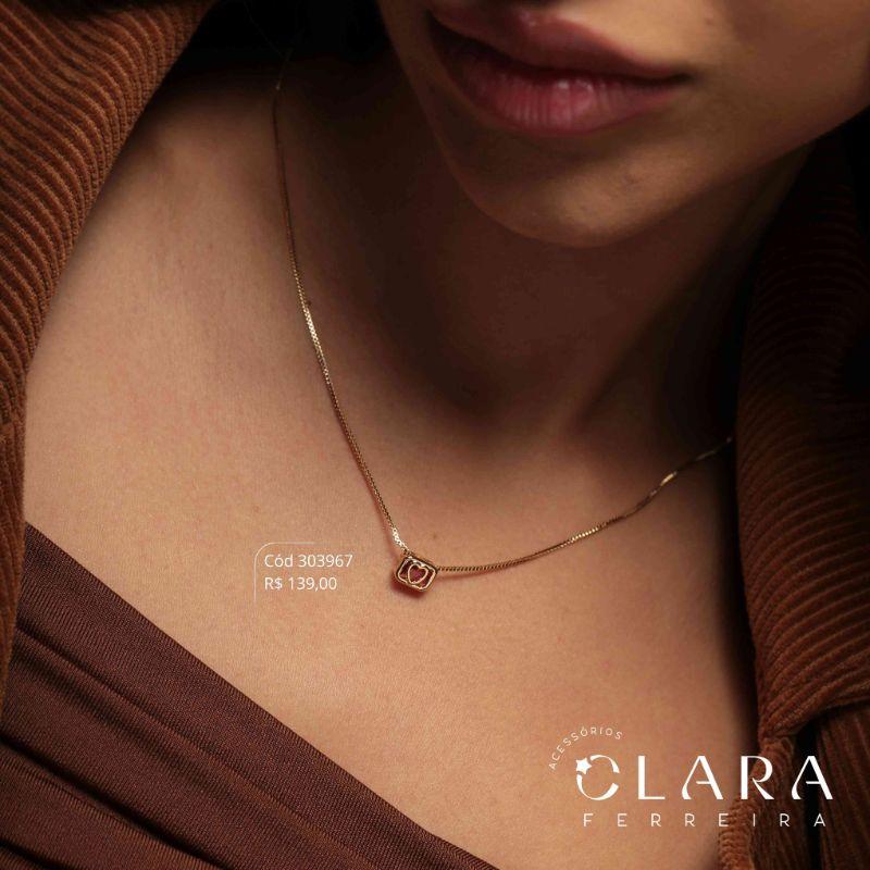 COLAR VENEZIANA C/ PINGENTE QUADRADO CORAÇÃO ZIRCÔNIA REDONDA - 6MM - 45CM - Dourado
