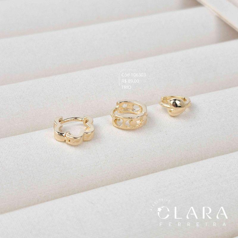 KIT TRIO ARGOLINHA CLICK: LUA, ESTRELA E CORAÇÃO; FORMATO FLOR E CORAÇÃO LISO - 9X2MM - COLEÇÃO MEUS PRIMEIROS BRINCOS
