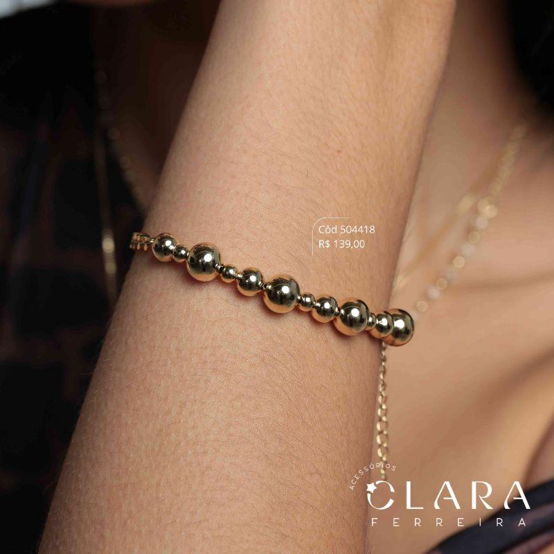 PULSEIRA 2 MALHAS: METADE ELOS GRUMET 1X1 E METADE FIO DE BOLAS LISAS DA MAIOR PRA MENOR INTERCALADAS - 17CM - Dourado