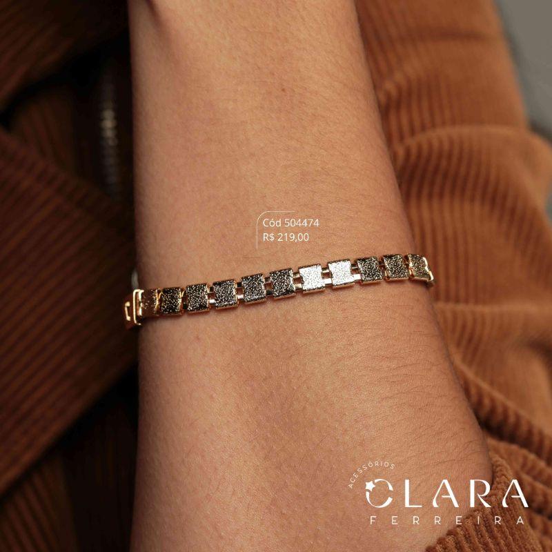 PULSEIRA 2 MALHAS: METADE FITA E METADE TUBOS TIJOLINHOS JATEADOS - 5MM - 17CM - Dourado