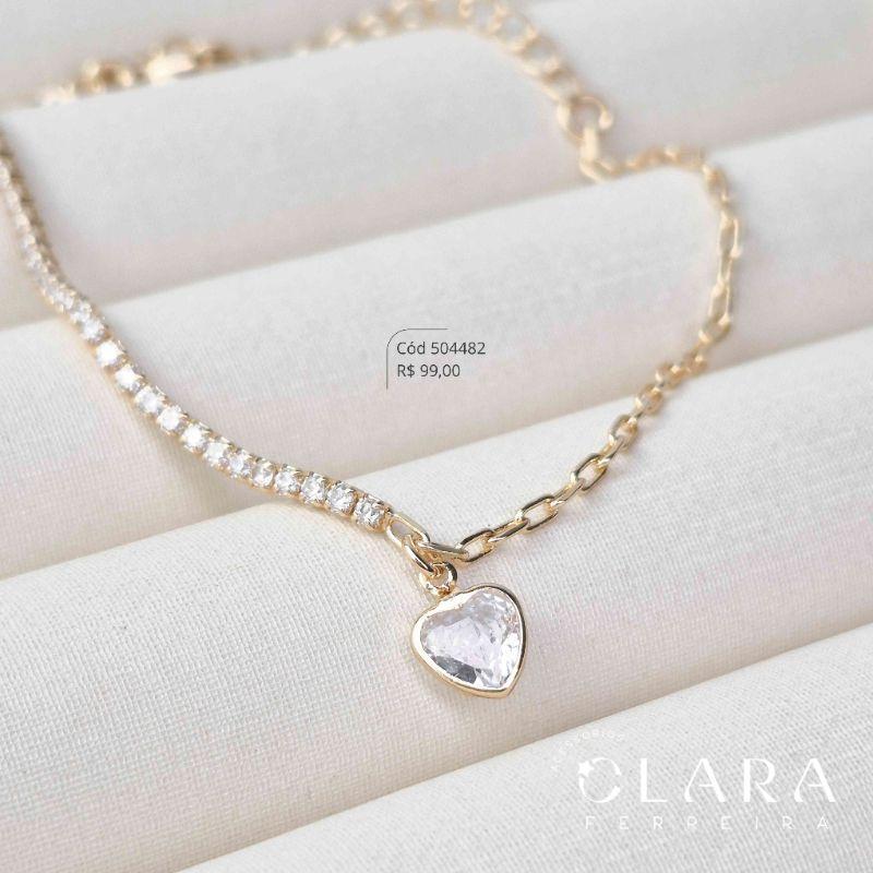 PULSEIRA 2 MALHAS: METADE RIVIERA DE ZIRCONIAS E METADE ELOS CARTIER C/ TIFF ZIRCONIA CORAÇÃO 7MM PENDURADA - 17CM - Dourado