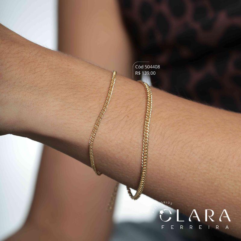 PULSEIRA DUPLA: 2 FIOS ELOS GRUMET DUPLO MARTELADO - 3 E 4MM - 17CM - Dourado