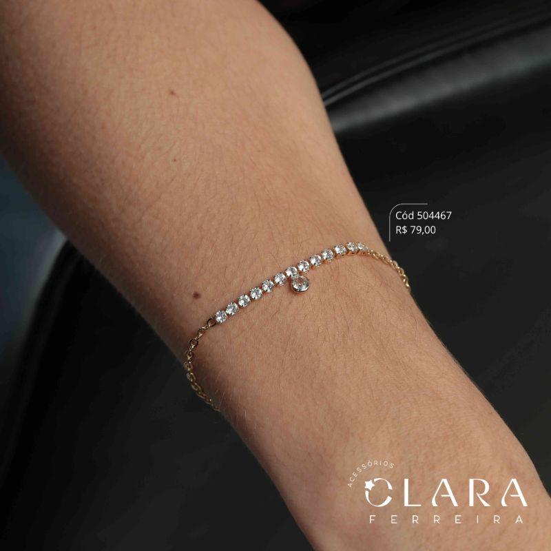 PULSEIRA ELOS C/ MEIO RIVIERA DE ZIRCONIAS E 1 TIFF ZIRCONIA 5MM FIXA - 2MM - 17CM - Dourado
