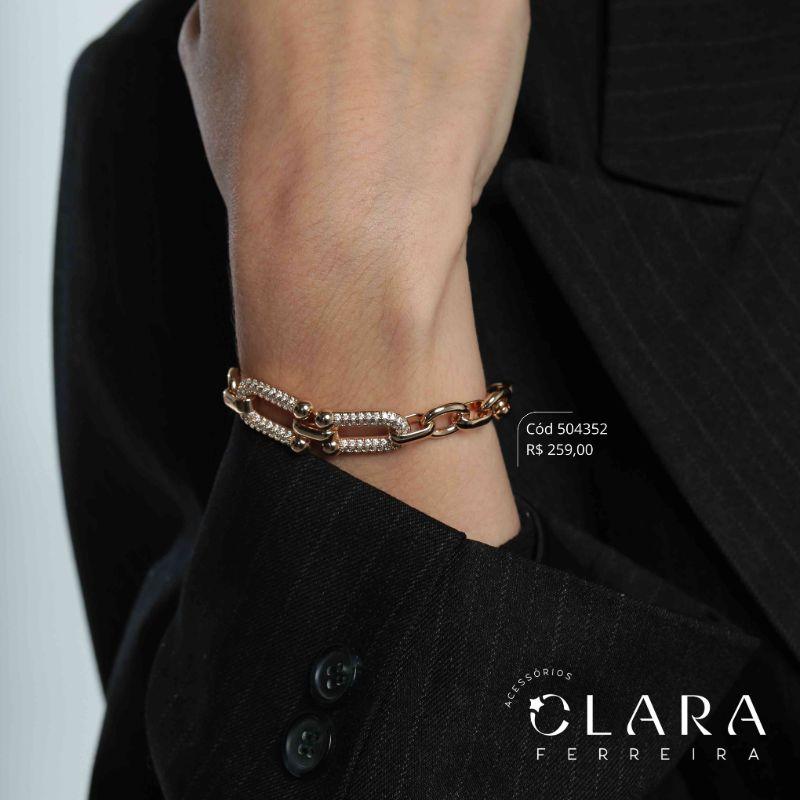 PULSEIRA MAX ELO CADEADO C/ 2 ELOS TIFFANY C/ 3 FILEIRAS MICROZIRCÔNIAS INSPIRAÇÃO TIFFANY - 19CM - Dourado