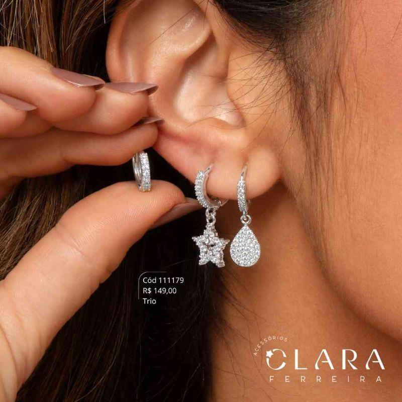 BRINCO KIT TRIO ARGOLINHAS CLICK 1 FILEIRA MICROZIRCÔNIAS C/ 1 ESTRELA MICROZIRCÔNIAS E 1 GOTA MICROZIRCÔNIAS PENDURADAS - 11X2MM - Banho de Prata