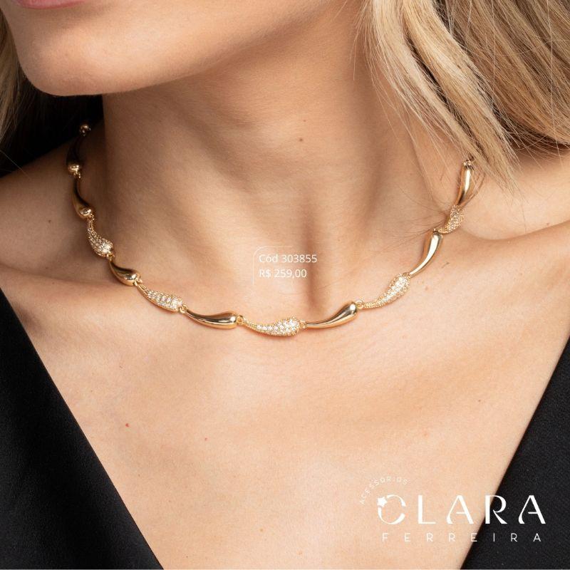 COLAR CHOKER GOTAS LISAS E MICROZIRCÔNIAS - INSPIRAÇÃO SWAROVSKI - LINHA FESTA - 6MM - 40CM - Dourado