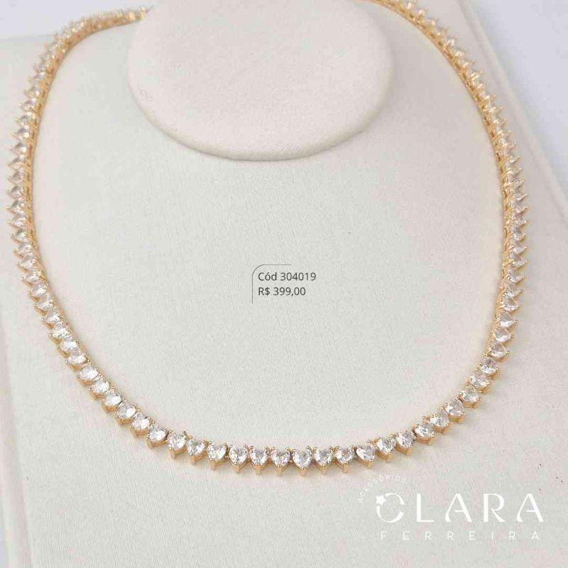 COLAR CHOKER RIVIERA 3 PONTAS ZIRCÔNIA CORAÇÃO 3MM C/ GAVETA FECHO ITALIANO - PEÇA EXCLUSIVA - 5MM - 40CM - Dourado