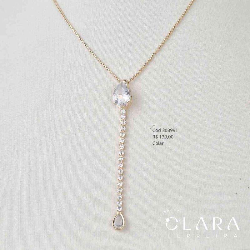 COLAR GRAVATINHA VENEZIANA C/ ZIRCÔNIA GOTA 10MM CAIXA CORA FIXA E FIO RIVIERA ZIRCÔNIAS - 45CM - Dourado