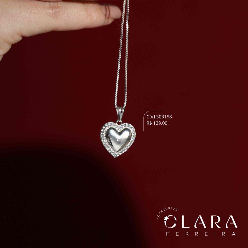 COLAR VENEZIANA C/ PINGENTE CORAÇÃO 16MM INTERIOR LISO ADORNADO DE MICROZIRCONIAS  - 45CM - Banho de Prata