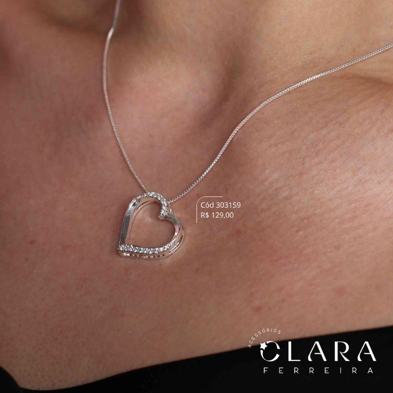 COLAR VENEZIANA C/ PINGENTE CORAÇÃO 20MM VAZADO COM DETALHE NAS PONTAS MICROZIRCONIAS  - 45CM - Banho de Prata